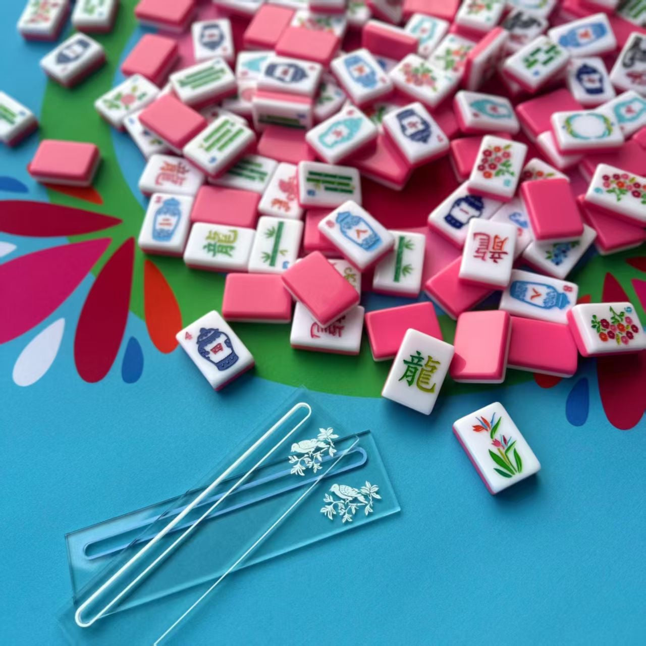 Wholesale Custom American Mahjong Set 160 Acrylic Tiles, Fluorescent Pink Double Layer Animal Mahjong Tiles with Laser Engraved Patterns, Bulk Orders Accepted